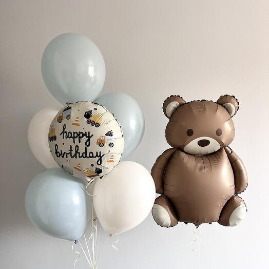 Шар мишка с фонтаном шаров и шаром happy birthday