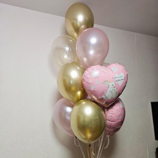 Фонтан из розовых и золотых шаров для мамы, маме,мамочки-11шаров