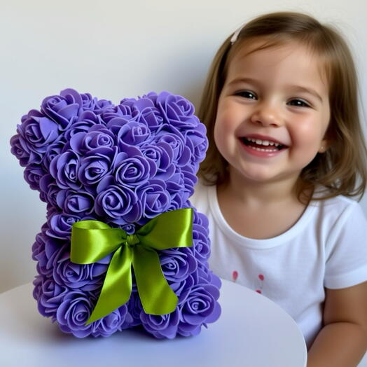 Мишка из роз фоамирана Лавандовый с бантом — Rose Bear, подарок девушке