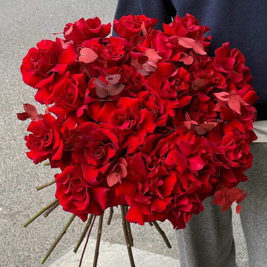 French roses with red eucalyptus