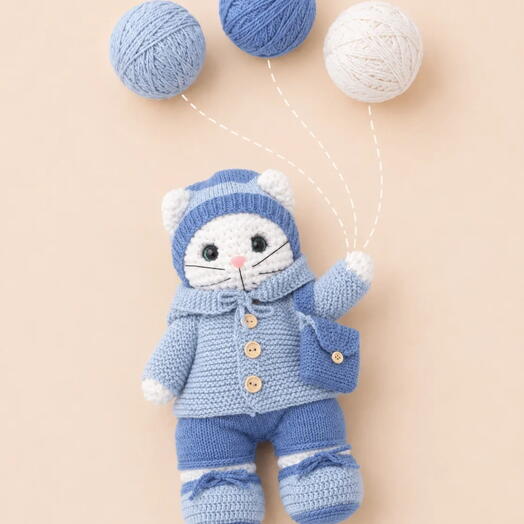 Вязаная игрушка ручной работы Котик в синем костюмчике