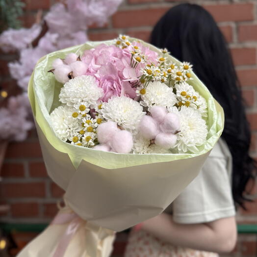 Букет «Моя нежность с гортензией, ромашкой и хризантемой» 🤍🌸
