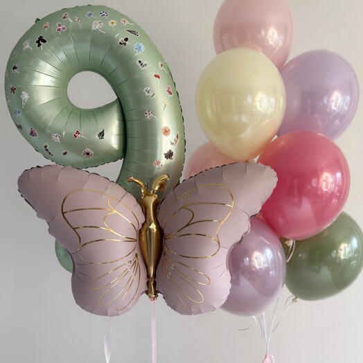 Воздушные шары девочке 9 лет 🎈 Цифра 9, бабочка и фонтан из 10 шаров с доставкой