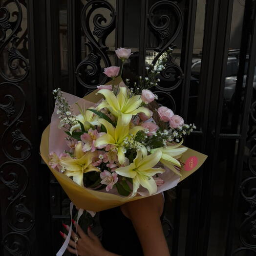 Sunshine Yellow Lily   Pink Lisianthus Bouquet