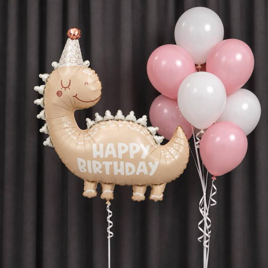 Композиция С бежевым динозавром в колпачке « Happy Birthday» и фонтаном из 9 шаров