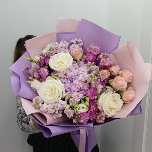 Букет роза, гортензия, маттиола, эустома, роза пионовидная кустовая 56899
