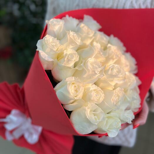 Bouquet of white roses Ecuador in a red package of premium grade "proud" 50 cm