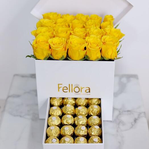 Yellow Roses And Ferrero Chocolates  Box