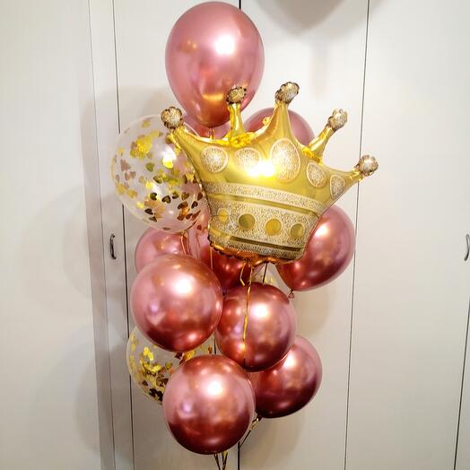 Букет Принцессе. 10 шаров хром,3 с конфетти, корона