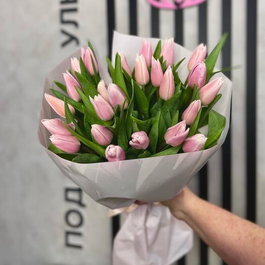 25 нежно-розовых тюльпанов