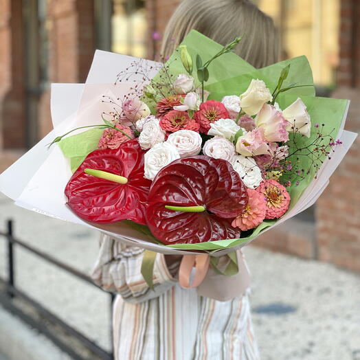Bouquet with anthuriums and zinnias