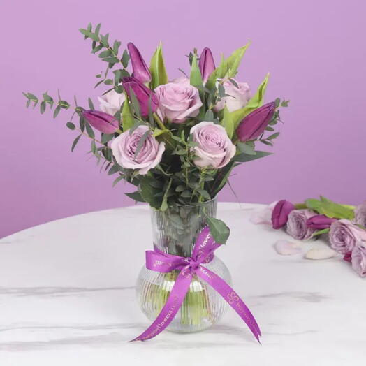 Mauve 11 Roses and Tulips in Vase