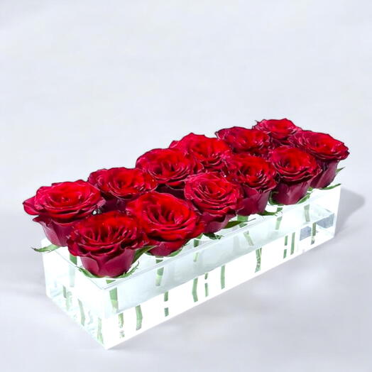 Classic Red Rose Arrangement in Acrylic Rectangular Vase