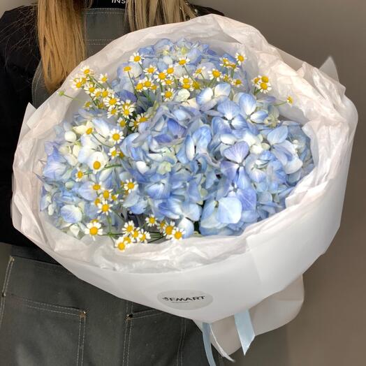 Hortensias y Matricaria en un diseño delicado "cielo Despejado"