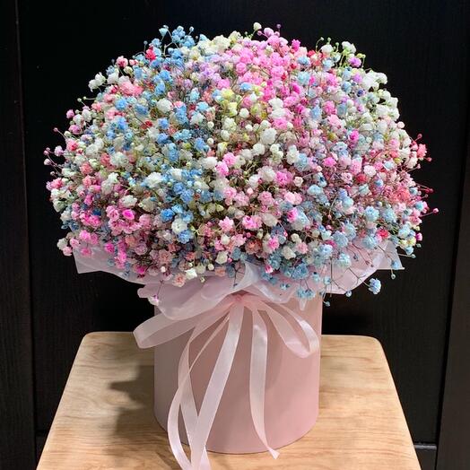 Flowers in a box, gypsophila in a hatbox
