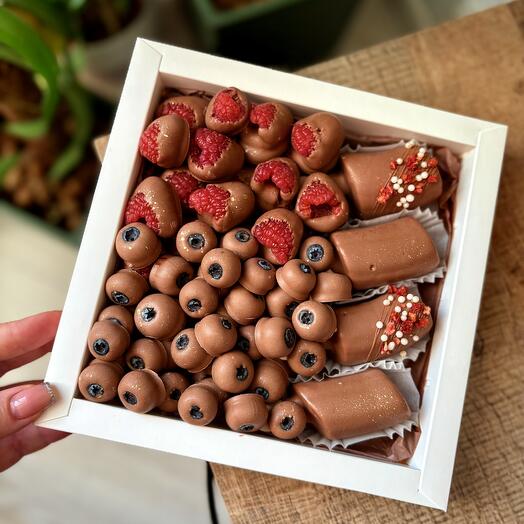 Berry and banana mix in chocolate
