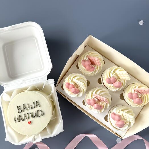 Комбо набор бенто торт с вашей надписью и 6 капкейков