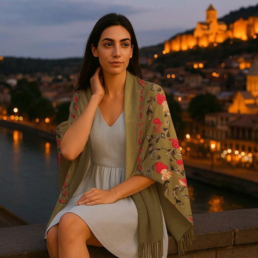 Кашемировый палантин сувенир оливковый Грузинская вышивка гранаты. Cashmere shawl souvenir olive Georgian embroidery pomegranate