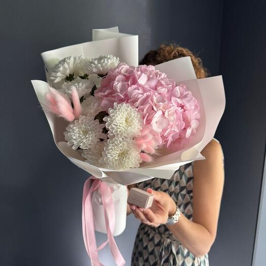 🌸Авторский нежный букет/гортензия/Хризантема кустовая/сухоцветы