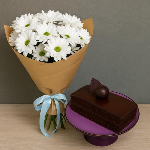 Торт шоколад + букет белых хризантем
