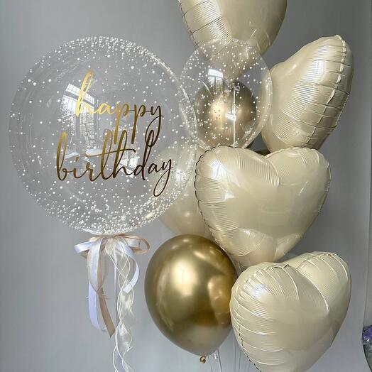 Набор шаров «Happy birthday» в кремов-золотой гамме