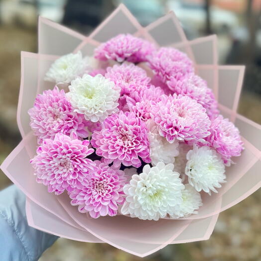 Букет из 5 хризантем "Розовые грёзы" нежного цвета