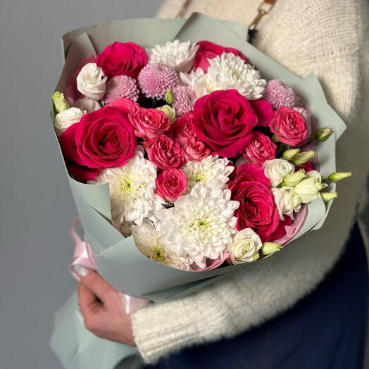 Букет из роз и хризантем с эустомами 🌸🩷💕
