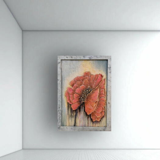 Картина фактурная интерьерная Красный цветок в серебристой раме
