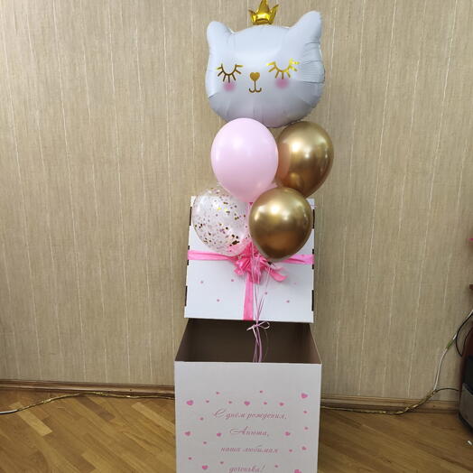Коробка белая с шарами и кошечкой