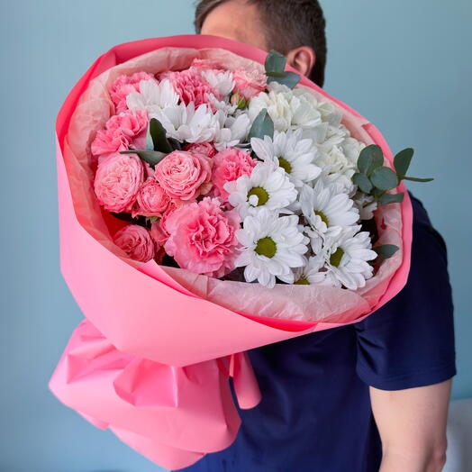 Букет из розовых диантусов и белых хризантем «Розовый восход» 🌸 41252
