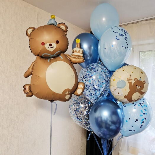 Синие и голубые шары и медведь,мишка на выписку из роддома сына,мальчика-12шаров