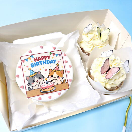 Бенто торт на день рождения «happy birthday котики» с набором капкейков