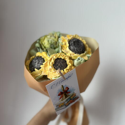 Мини-букет для учителя к 1 сентября  с подсолнухами D13см🌻