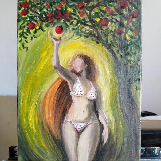 Картина маслом на холсте 30*40 "Ева собирает урожай"