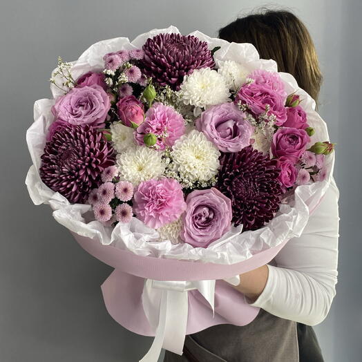 Букет королевский 👑👑👑 хризантема Бигуди 💜 ароматная Роза маритим 🌸 кустовая пионовидная Роза 🩷🩷🩷